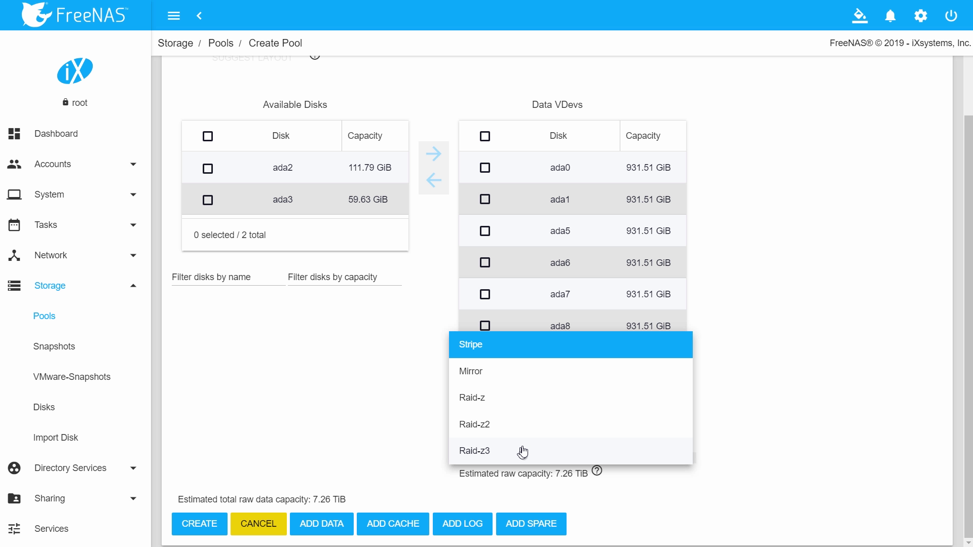 VDEV layout options window