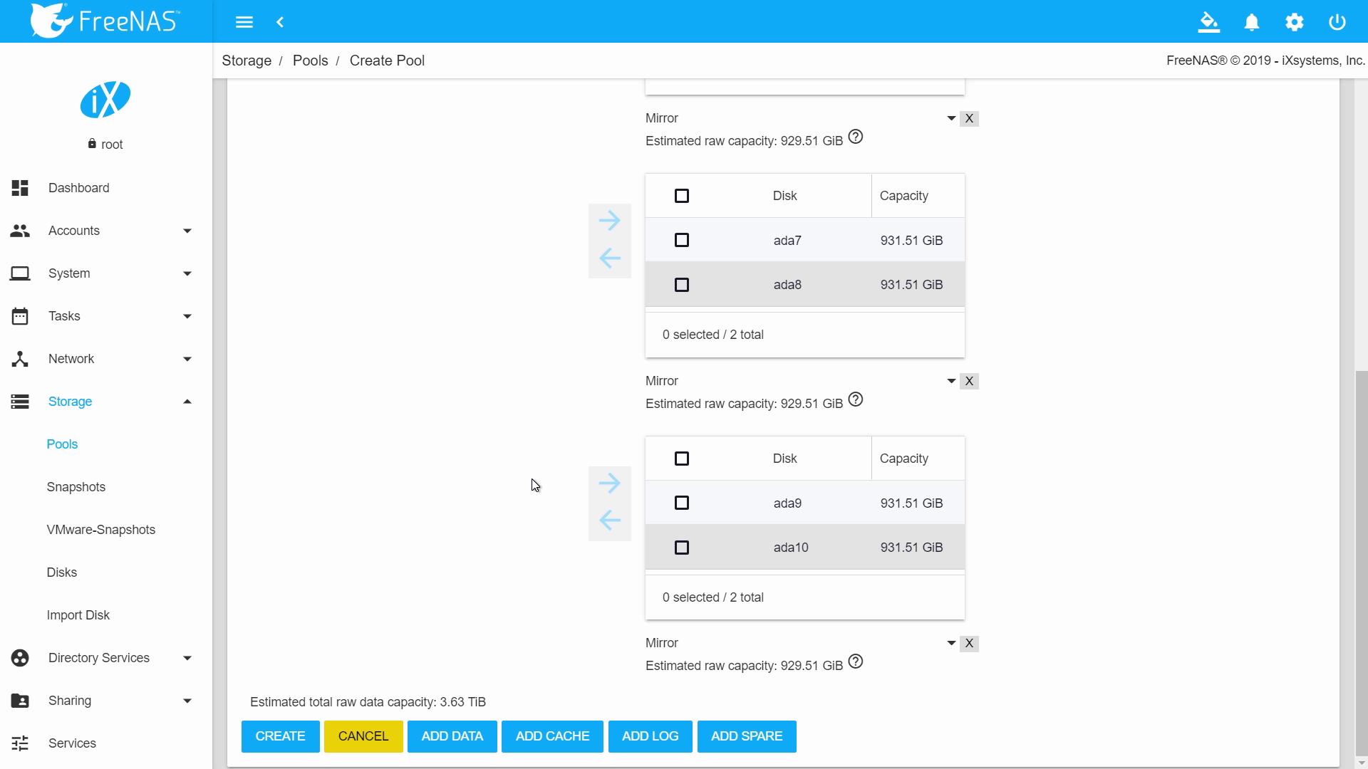 mirror vdev layout options window