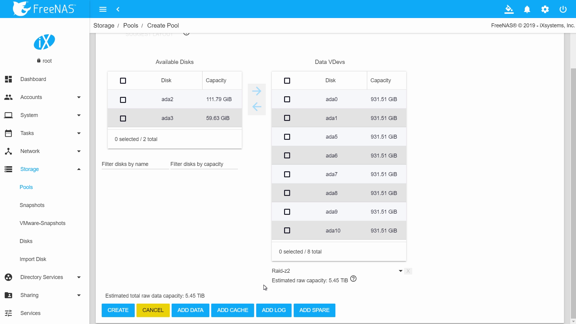 Raid-Z2 vdev layout options window